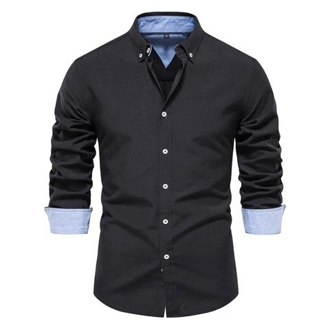 Black oxford button-down shirt with contrast cuffs