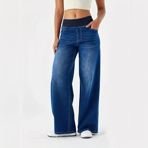 Woman wearing mid-blue pull-on wide leg jeans